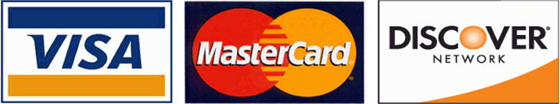 We accept Visa Mastercard and Discover credit cards.